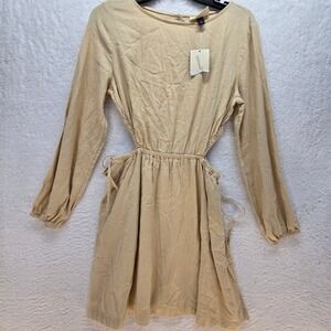 Linen Boho Side Cut‎ Out Womens Dress Small Festival Neutral Minimalist POCKETS